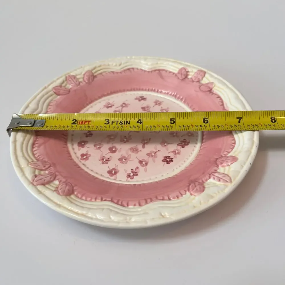 Yankee Candle Pink Floral Ceramic Candle Plate Tray Holder 8” Raised Leaf Border